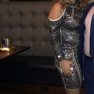 Sequin off the shoulder body con dress